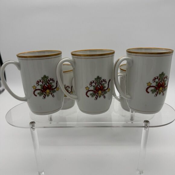 VTG Fitz and Floyd St Nicholas Santa Whisper Set Of 6 Mugs 1978 Gold Candy cane - Picture 4 of 10